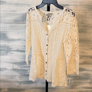 Lucky Brand Lace Boho Blouse XS Ivory Button Front Crochet Lace Top NWT